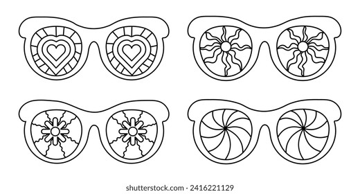 Set groovy sunglasses in a fashionable retro style of the 70s. Fashionable Y2k hippie glasses in monochrome linear retro style.