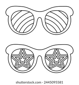 Set groovy sunglasses in a fashionable retro style of the 70s. Fashionable Y2k hippie glasses in monochrome linear retro style.