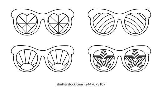 Set groovy sunglasses in a fashionable retro style of the 70s. Fashionable Y2k hippie glasses in monochrome linear retro style. Vector illustration