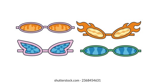 Set Groovy Sunglasses in Retro Hippie Style. Vector Eyewear in 1970s. Vector Flat illustration.