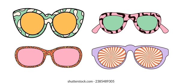 Set of groovy sunglasses with vintage patterns and trippy colors. Vector graphics isolated on white background.