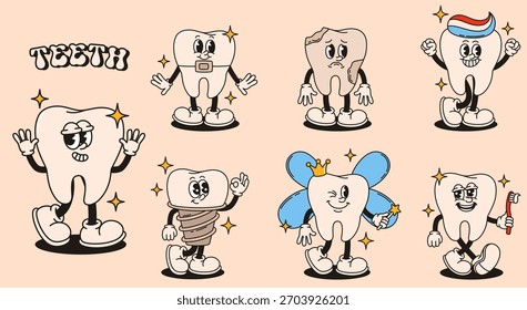 Set of groovy teeth characters. Flat vector illustration.
