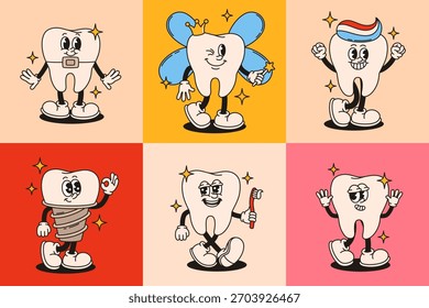 Conjunto de caracteres de dentes groovy em estilo retrô. Ilustração de vetor plano.