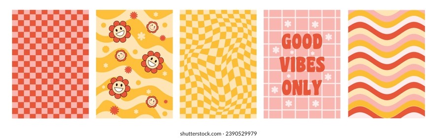 Set of groovy trendy retro backgrounds with flowers, chessboard, waves and sun. Groovy posters 70s, 80s. Retro poster. Botanical elements, vintage print. Colorful retro background.