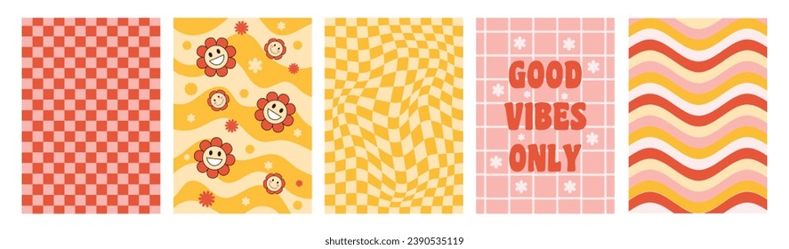 Set of groovy trendy retro backgrounds with flowers, chessboard, waves and sun. Groovy posters 70s, 80s. Retro poster. Botanical elements, vintage print. Colorful retro background.