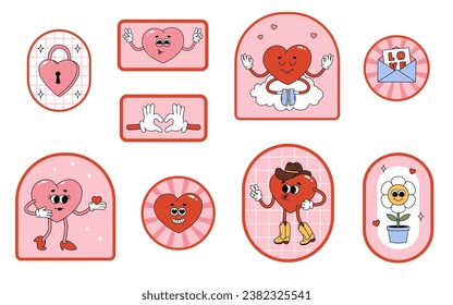 Conjunto de pegatinas de San Valentín con caracteres y elementos cardíacos. Personajes de caricatura de estilo retro moderno para el diseño del día de San Valentín. Concepto de amor. Ilustración vectorial aislada