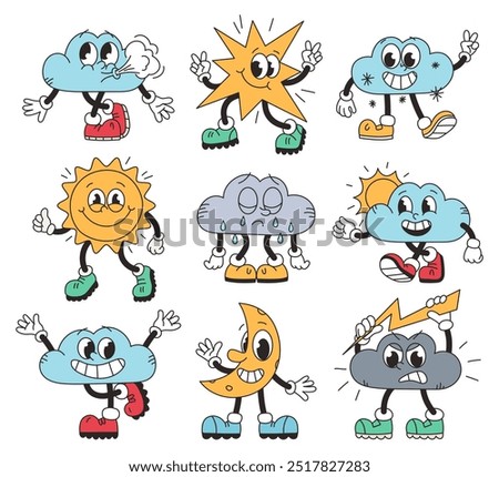 Set of groovy vintage characters of different weather and natural phenomena. Cloud, star, sun, rain, snow, wind, moon. Retro style vector illustration
