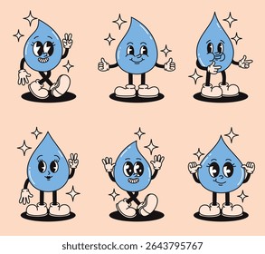 Set of groovy water drop characters. Flat vector illustration.
