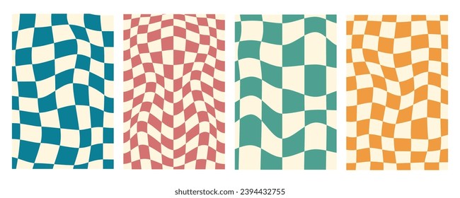 Set of groovy wave psychedelic checkerboard background. Hippie, retro chessboard template