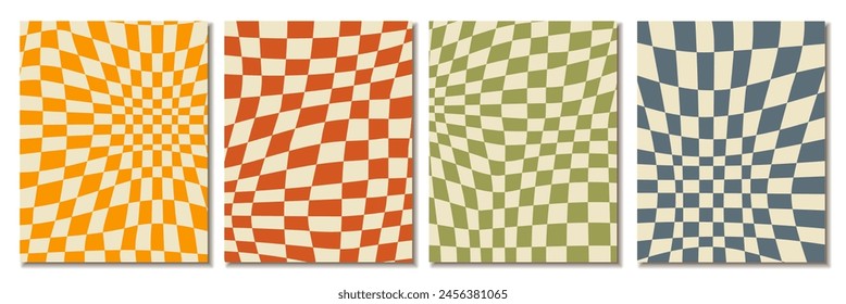 Set of groovy wave psychedelic checkerboard background. Hippie, retro chessboard template