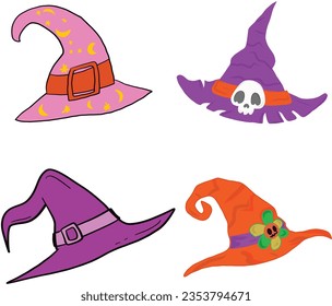 Set of groovy witch hat. Cartoon witch hats, Halloween party costume elements. Wizard striped and spooky decorated hats vector symbols illustrations set. Halloween witchcraft party collection