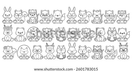 Set of Groovy Woodland Animal Collection Vector, Hand Drawn Bear Rabbit Skunk Racoon Squirrel Bear Deer Hedgehog Owl and Tiger Outline.