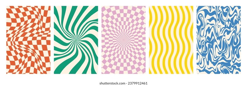 Set of groovy Y2k backgrounds. Vertical posters with waves, swirl, twirl, checkered texture. Twisted and distorted trendy vector print in retro psychedelic 2000s style. Lilac, pink, green, yellow

