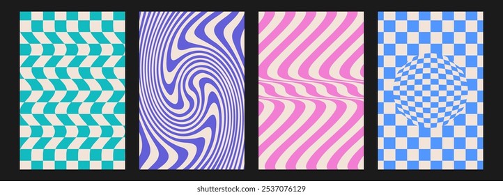 Set of groovy Y2k backgrounds. Vertical posters with waves, swirl, twirl, checkered texture. Twisted and distorted trendy vector print in retro psychedelic 2000s style. Lilac, pink, green, blue
