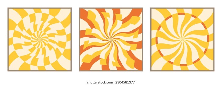 Conjunto de fondos amarillo pálido. Diseño de portada funky psicodélica de los años 70 retro. Afiches cuadrados abstractos al estilo del año 2000. Colección de papel tapiz vectorial para plantillas de impresión o textiles.