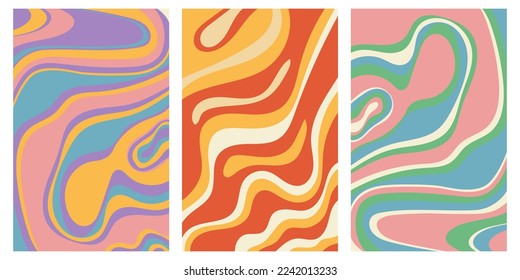 Set of groowy hippie posters in 60s,70s staly. Trendy abstract vertical retro backgrounds with waves.Twisted and distorted vector texture in trendy retro psychedelic style