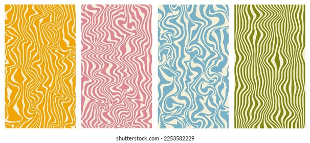 Set of groowy hippie posters in 60s,70s staly. Trendy abstract vertical retro backgrounds with waves.Twisted and distorted vector texture in trendy retro psychedelic style.