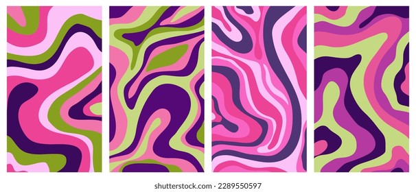 Set of groowy hippie posters in 60s,70s style. Trendy abstract vertical retro backgrounds with waves.Twisted and distorted vector texture in trendy retro psychedelic style.