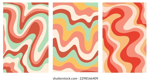 Set of groowy hippie posters in 60s,70s style. Trendy abstract vertical retro backgrounds with waves.Twisted and distorted vector texture in trendy retro psychedelic style.