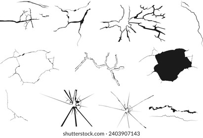 Set of ground cracks, broken window, cracked glass, break windshield glass, damaged wall texture silhouette