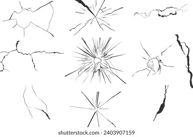 Set of ground cracks, broken window, cracked glass, break windshield glass, damaged wall texture silhouette