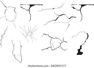 Set of ground cracks, broken window, cracked glass, break windshield glass, damaged wall texture silhouette