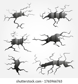 Set of ground cracks. Earthquake crack, hole effect and cracked surface. Cracked land, concrete surface with splits isolated 3d vector