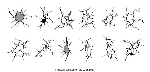 Set of ground cracks top view, ruined land surface crushed texture, earthquake cracking holes. Realistic vector. Destruction, split, damage fissure effect after disaster isolated on white background.