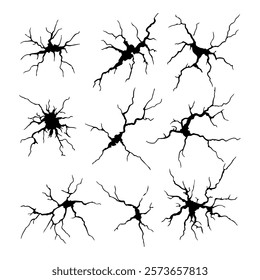 Set of ground cracks from a top view, earthquake cracks and holes, ruined and crushed land texture. Breaks on the land surface isolated on a white background. Broken wall with a glass pattern effect