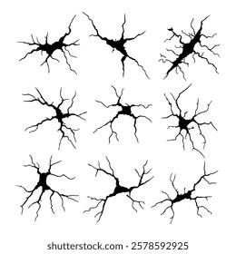 Set of ground cracks from a top view, earthquake cracks and holes, ruined and crushed land texture. Breaks on the land surface isolated on a white background. Broken wall with a glass pattern effect