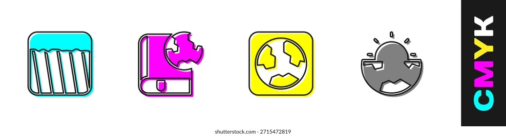 Conjunto de tierra, globo de tierra y libro, y la estructura del núcleo icono de la corteza. Vector