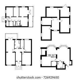 Set of ground floor blueprints. Vector unfurnished floor plans for your design. Modern suburban house set.