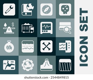 Sismógrafo, análisis de suelos, brújula, camión de volteo minero, dinero del petróleo, llave inglesa e icono. Vector