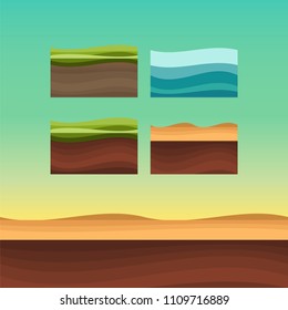 Set of ground surfaces. Grass, rocks and water landscape cartoon. UI games ground texture