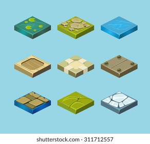 Set of ground surfaces. Grass, rocks and water. Landscape web design. Vector illustration