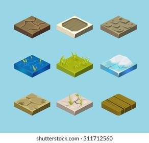 Set of ground surfaces. Grass, rocks and water. Landscape web design. Vector illustration