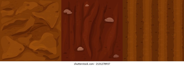 Set Ground Texture With Stones, Soil Top View In Cartoon Style Seamless. Collection Game Interface Background, Brown Earth. 