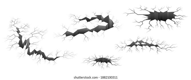 Set of ground or walls crack effect, earth cracking. Monochrome isolated vector illustration.Black hole in ground. Earthquake, destruction concept.