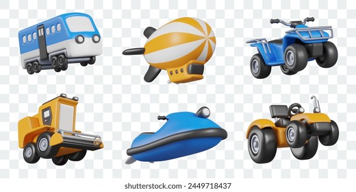 Set of ground, water, air vehicles. Passenger car, airship, ATV, grain harvester, jet ski, tractor