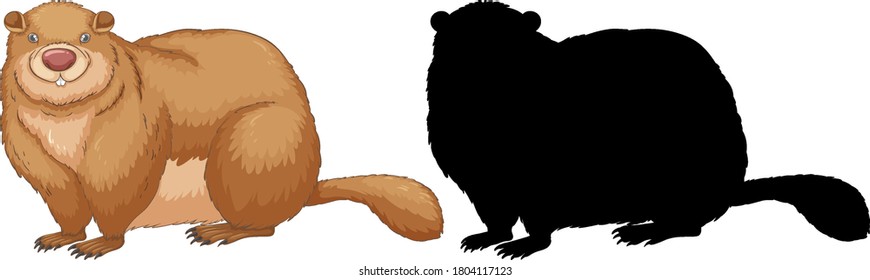 Set of groundhog characters and its silhouette on white background illustration