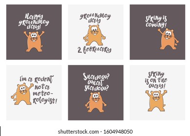 Set of Groundhog Day greeting cards with marmot and text. Happy groundhog day. Groundhog day 2 february. Spring is coming. I am a rodent not a meteorologist. Shadow? What shadow? Spring is on the way