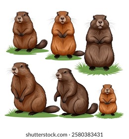 A set of groundhogs for groundhog Day with a mink from which he got out. a harbinger of spring. Vector illustration on white background.