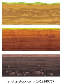 Set of grounds layers. Illustration of cross section of ground  with layered dirt clay, ground layer with stones and grass on dirts cliff texture. Archeology landscape cartoon vector.