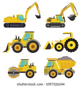 Set of groundworks machines vehicles construction. Heavy vehicles. Crane, dump truck, rock truck, mixer truck.