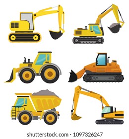 Set of groundworks machines vehicles construction. Heavy vehicles. Crane, dump truck, rock truck, mixer truck.