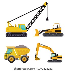 Set of groundworks machines vehicles construction. Heavy vehicles. Crane, dump truck, rock truck, mixer truck.