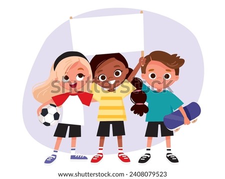 Set, group of 3 three children, kids doing march, demonstration holding placard, billboard fighting for their rights. School organization, movement.