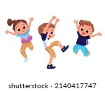 Set, group of 3 three happy children, kids dancing, jumping in different poses, dressed in casual outfit clothes. Boys, girls, creative kids. Dancing studio.
