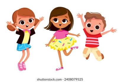 Conjunto, grupo de 3 niños felices, niños bailando, saltando en diferentes poses, vestidos con ropa informal. Niños, niñas, niños creativos. Estudio de baile.