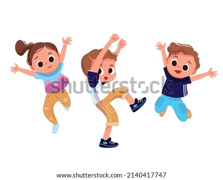 Set, group of 3 three happy children, kids dancing, jumping in different poses, dressed in casual outfit clothes. Boys, girls, creative kids. Dancing studio.